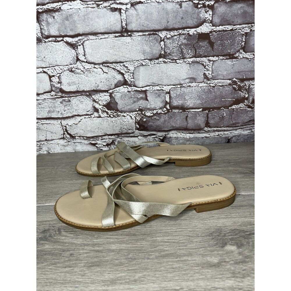 Via Spiga Metallic Silver Leather Toe Post Slides Sandals Women’s Sz 10M US/40EU
